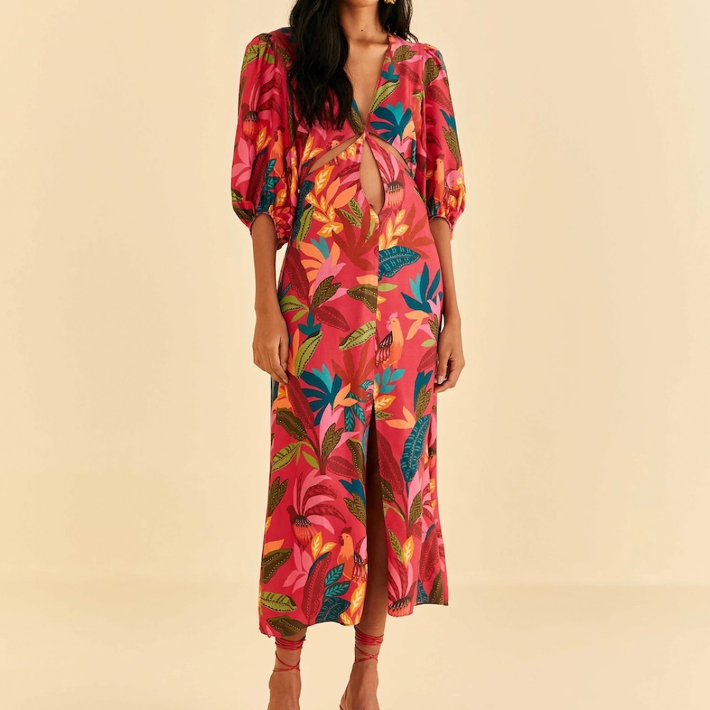 Farm Rio Red Rooster Leaves Short Sleeve Maxi Dress XS